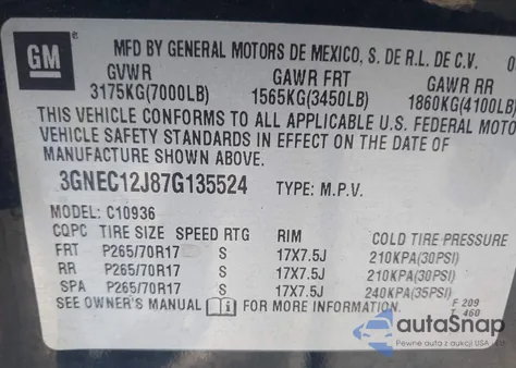 2007 Chevrolet Avalanche 1500 Ls z USA, uszkodzony, nr VIN 3GNEC12J87G135524